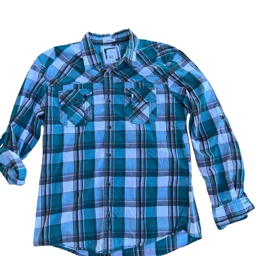 BKE, athletic fit, long sleeve, teal multicolor plaid  men's size L